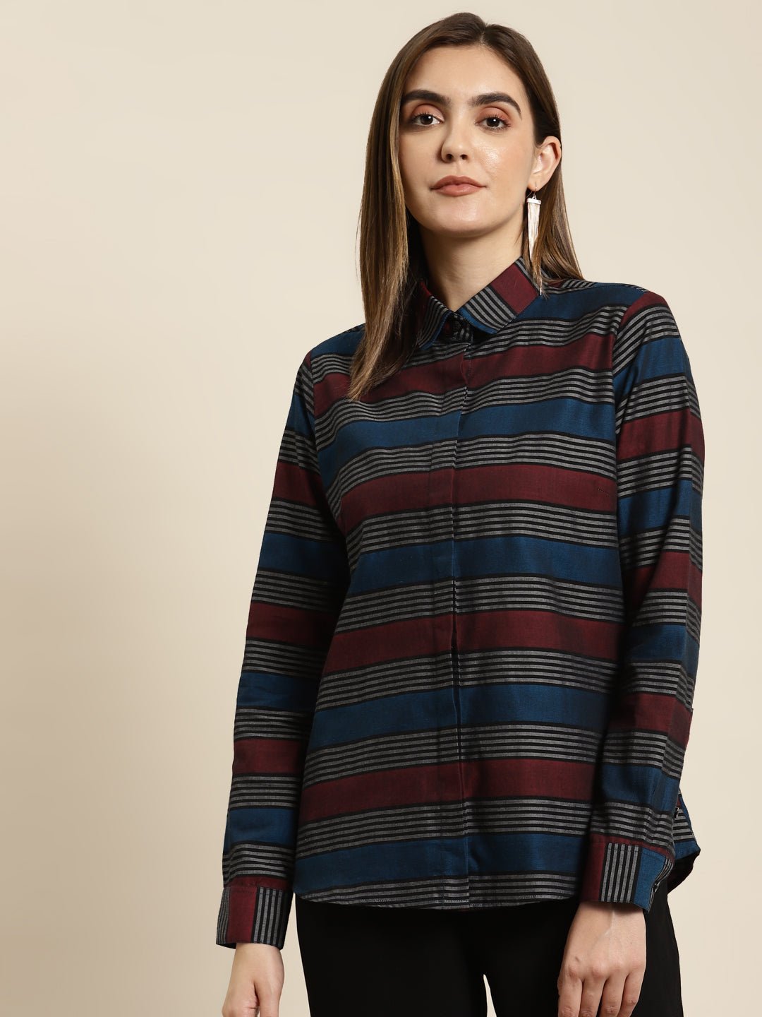 Women Maroon & Black Checked Pure Cotton Regular Fit Formal Shirt - #folk republic#