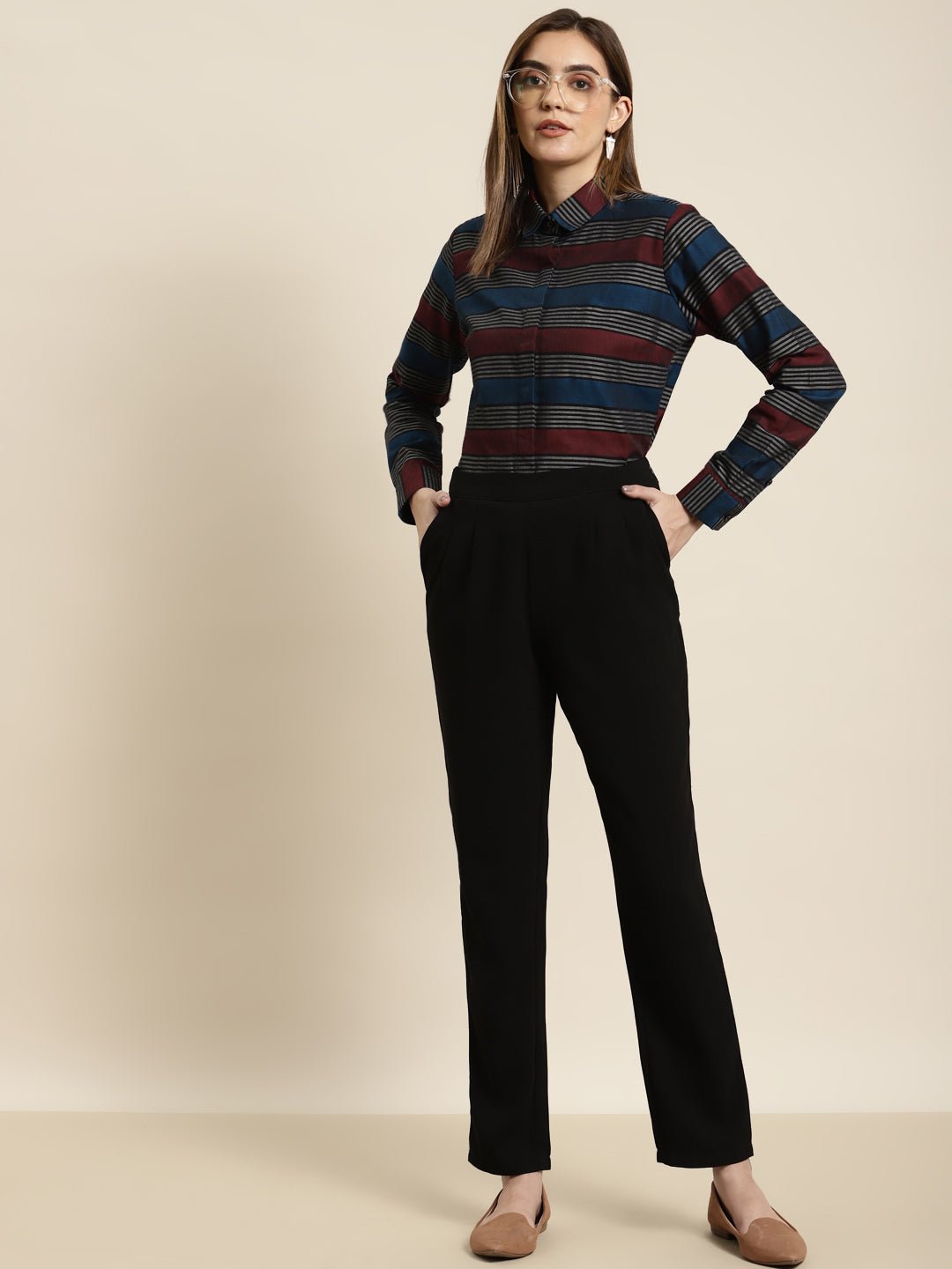 Women Maroon & Black Checked Pure Cotton Regular Fit Formal Shirt - #folk republic#
