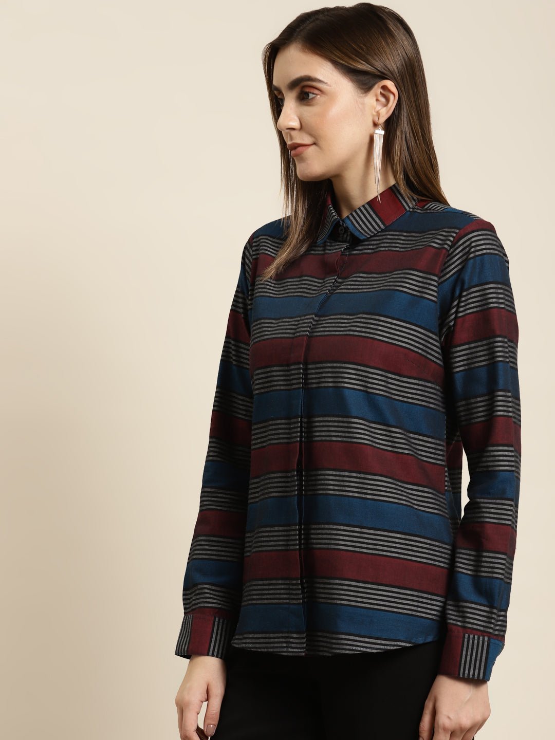 Women Maroon & Black Checked Pure Cotton Regular Fit Formal Shirt - #folk republic#