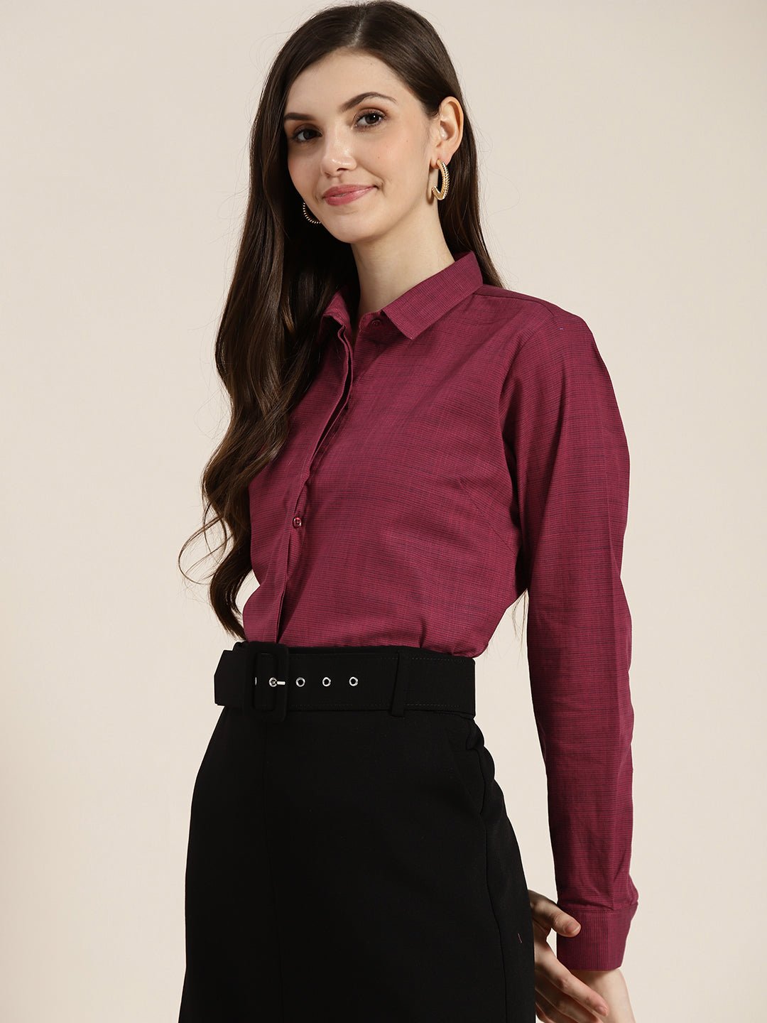 Women Maroon Solid Pure Cotton Regular Fit Formal Shirt - #folk republic#