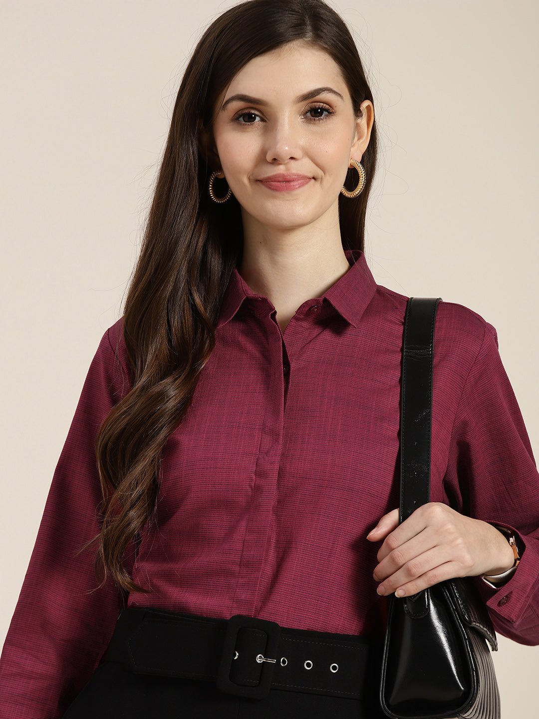 Women Maroon Solid Pure Cotton Regular Fit Formal Shirt - #folk republic#