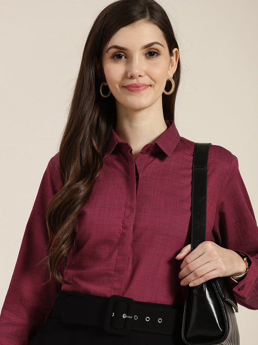 Women Maroon Solid Pure Cotton Regular Fit Formal Shirt - #folk republic#