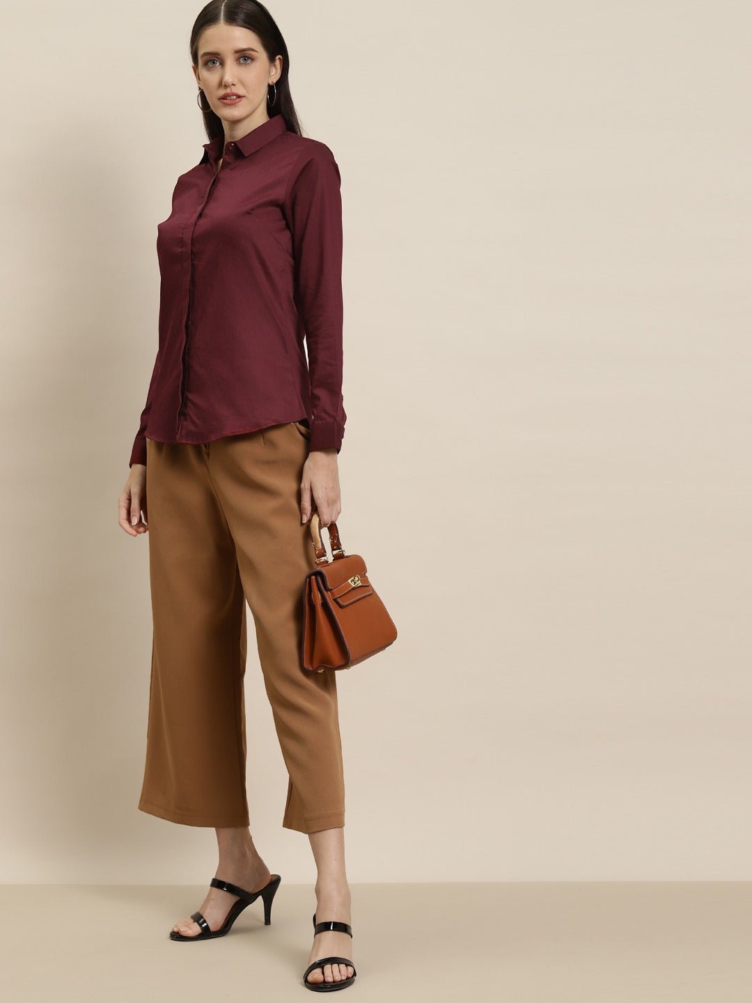 Women Maroon Solid Pure Cotton Satin Slim Fit Formal Shirt - #folk republic#