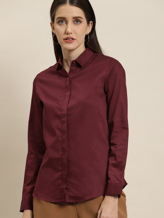 Women Maroon Solid Pure Cotton Satin Slim Fit Formal Shirt - #folk republic#