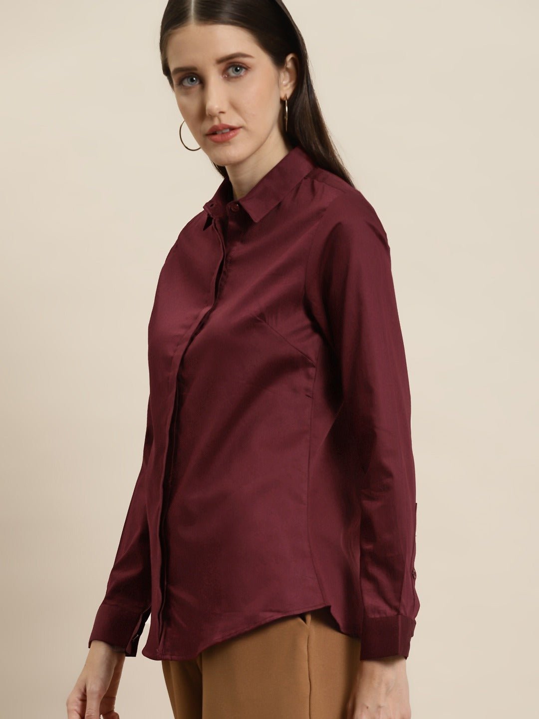 Women Maroon Solid Pure Cotton Satin Slim Fit Formal Shirt - #folk republic#