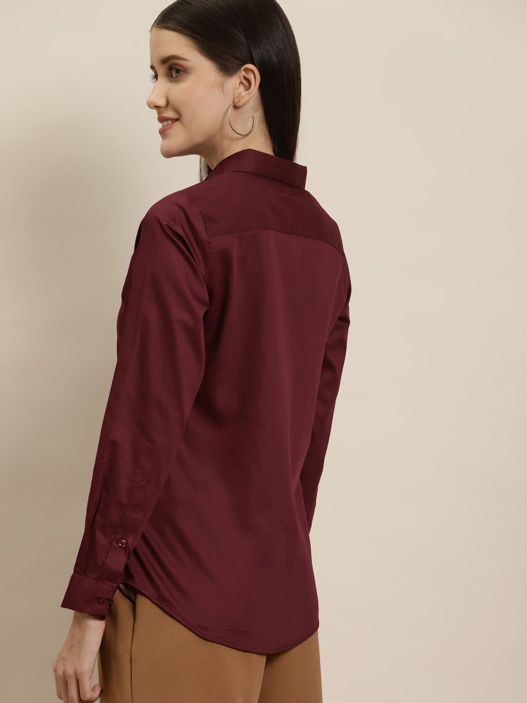 Women Maroon Solid Pure Cotton Satin Slim Fit Formal Shirt - #folk republic#