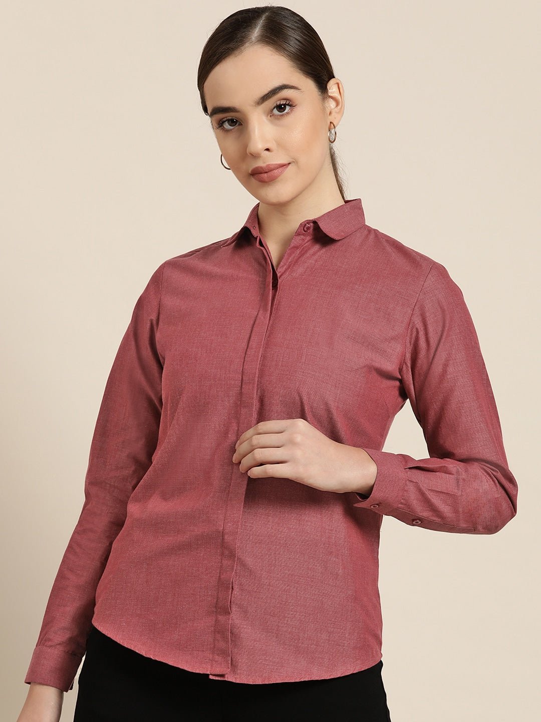 Women Maroon Solid Pure Cotton Slim Fit Formal Shirt - #folk republic#