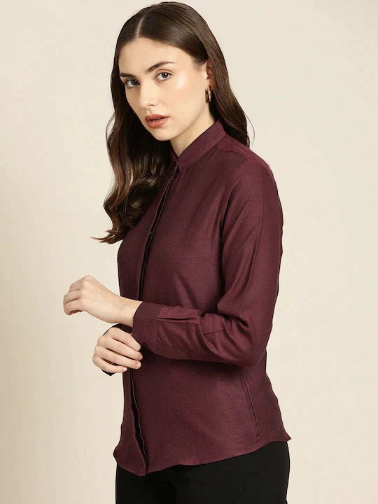 Women Maroon Solid Pure Cotton Slim Fit Formal Shirt - #folk republic#