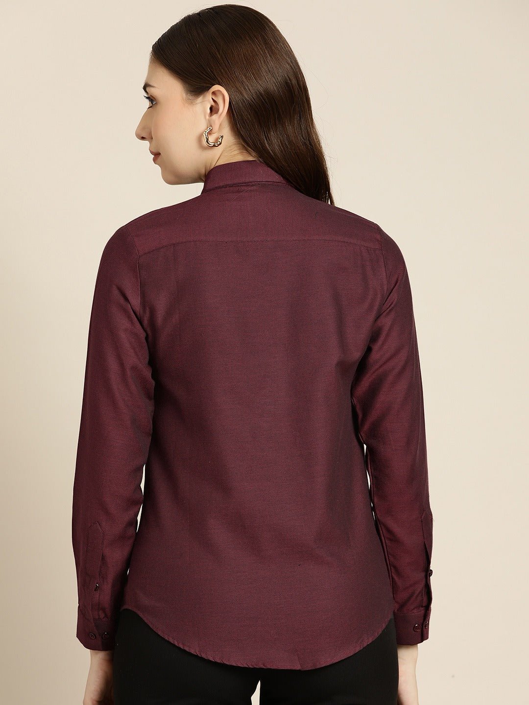 Women Maroon Solid Pure Cotton Slim Fit Formal Shirt - #folk republic#