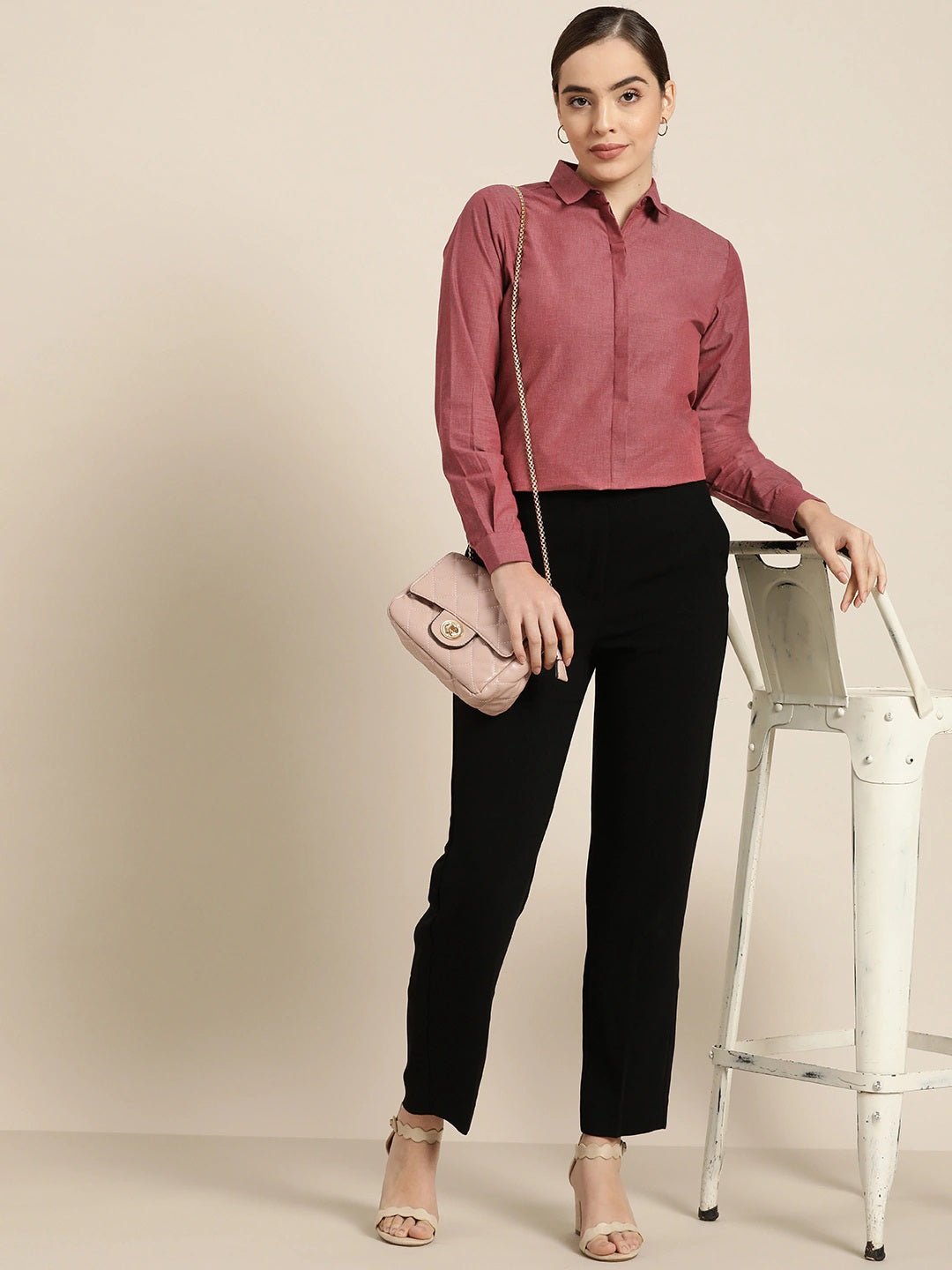 Women Maroon Solid Pure Cotton Slim Fit Formal Shirt - #folk republic#
