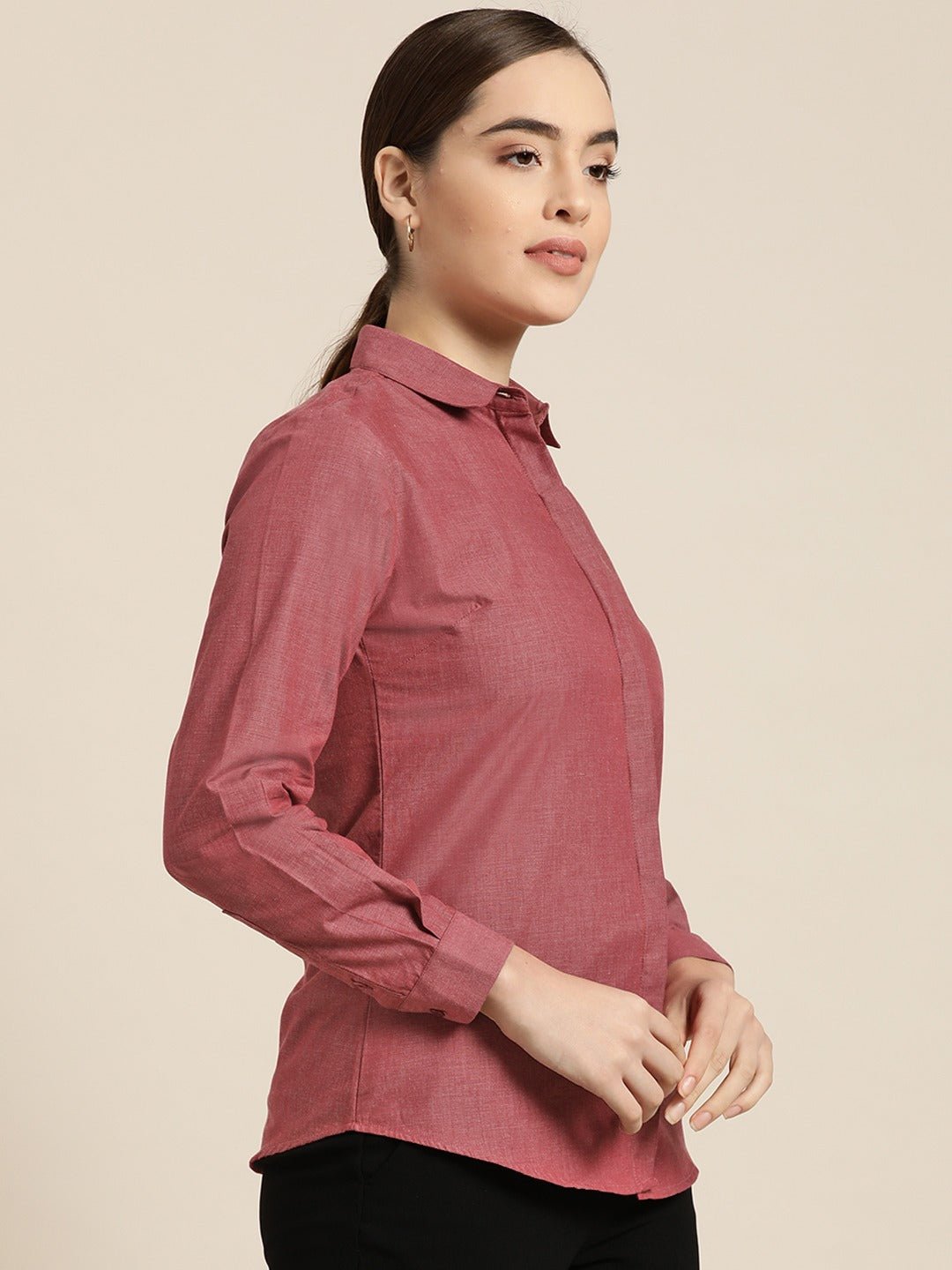Women Maroon Solid Pure Cotton Slim Fit Formal Shirt - #folk republic#