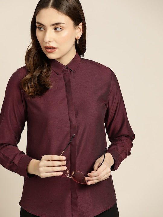 Women Maroon Solid Pure Cotton Slim Fit Formal Shirt - #folk republic#
