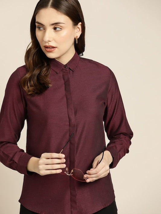 Women Maroon Solid Pure Cotton Slim Fit Formal Shirt - #folk republic#