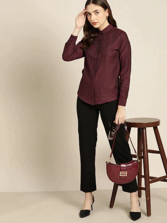 Women Maroon Solid Pure Cotton Slim Fit Formal Shirt - #folk republic#