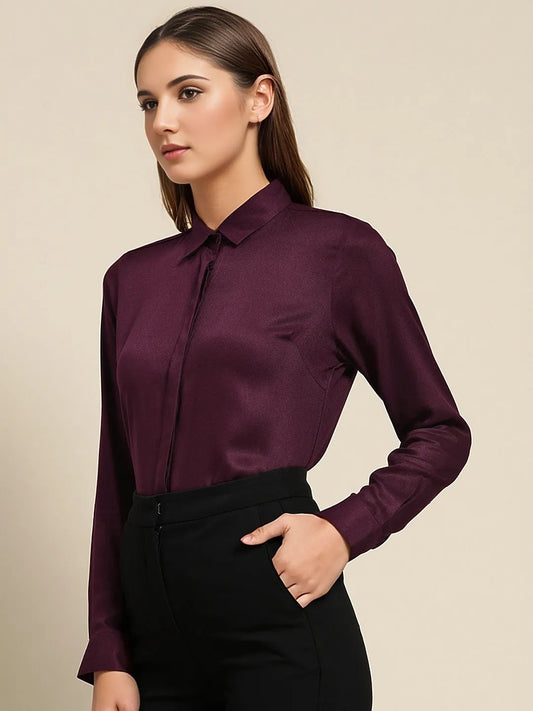 Women Maroon Solid Viscose Rayon Regular Fit Formal Shirt - #folk republic#
