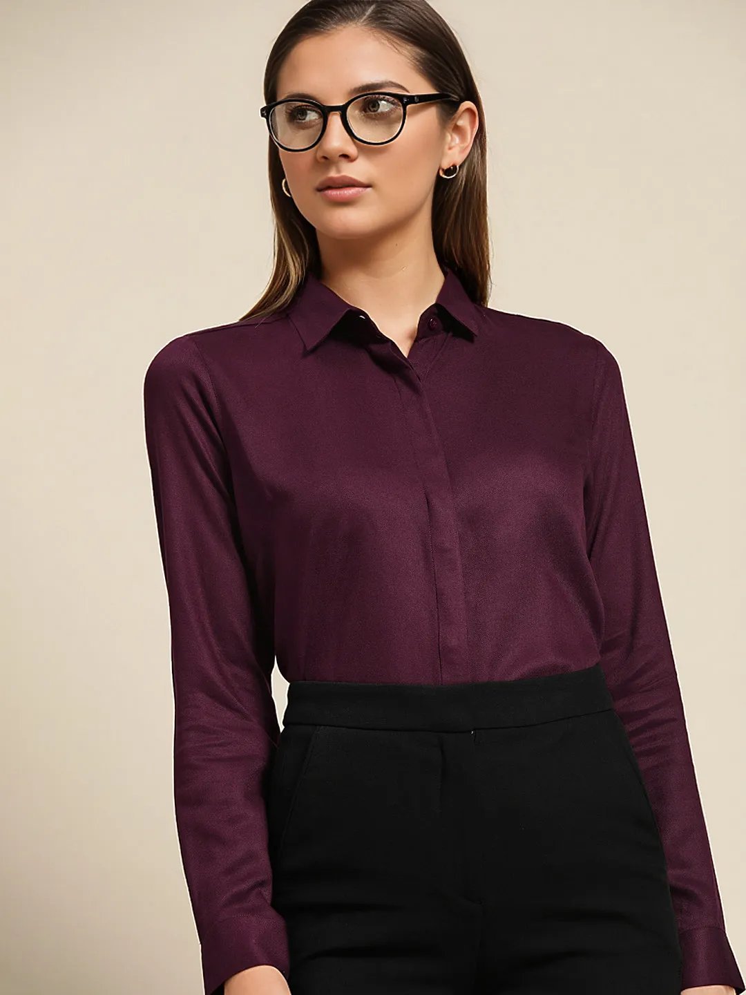 Women Maroon Solid Viscose Rayon Regular Fit Formal Shirt - #folk republic#