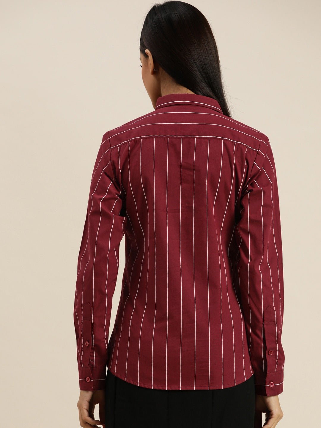 Women Maroon Striped Pure Cotton Slim Fit Formal Shirt - #folk republic#