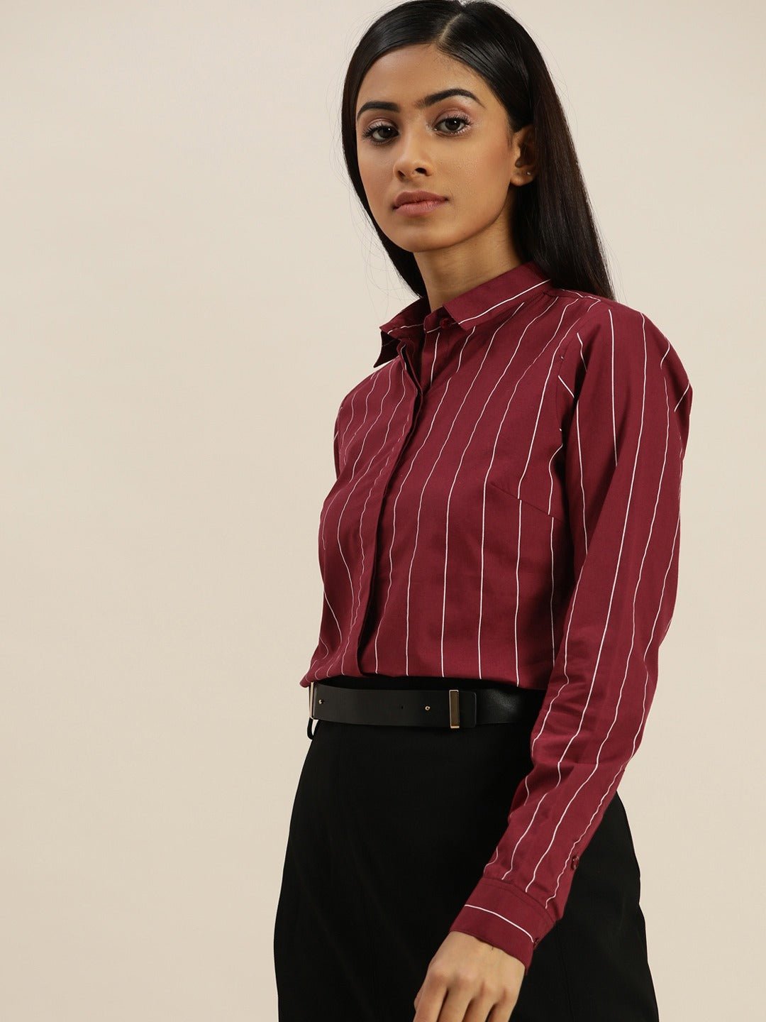 Women Maroon Striped Pure Cotton Slim Fit Formal Shirt - #folk republic#