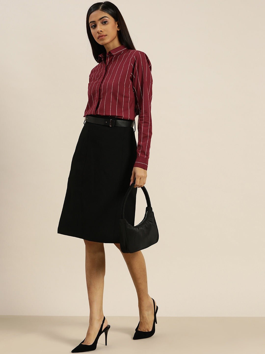 Women Maroon Striped Pure Cotton Slim Fit Formal Shirt - #folk republic#
