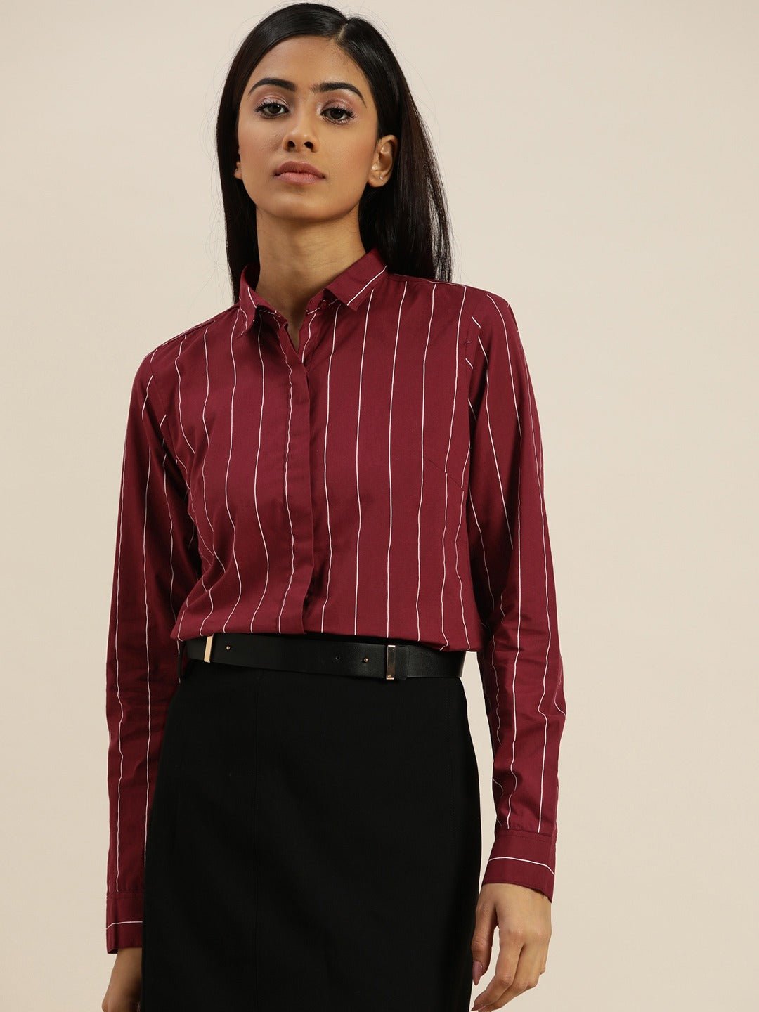 Women Maroon Striped Pure Cotton Slim Fit Formal Shirt - #folk republic#