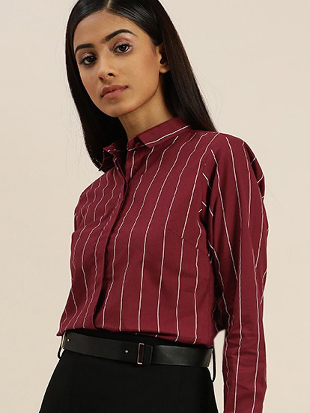 Women Maroon Striped Pure Cotton Slim Fit Formal Shirt - #folk republic#