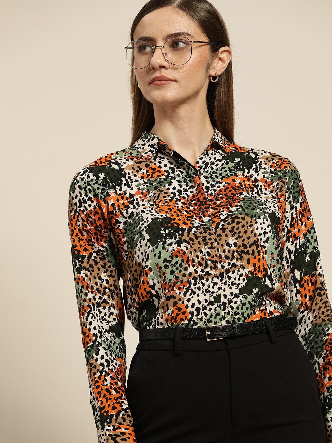 Women Mustard & Green Printed Viscose Rayon Slim Fit Formal Shirt - #folk republic#
