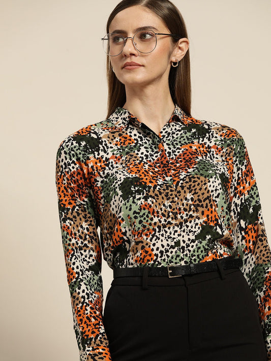 Women Mustard & Green Printed Viscose Rayon Slim Fit Formal Shirt - #folk republic#