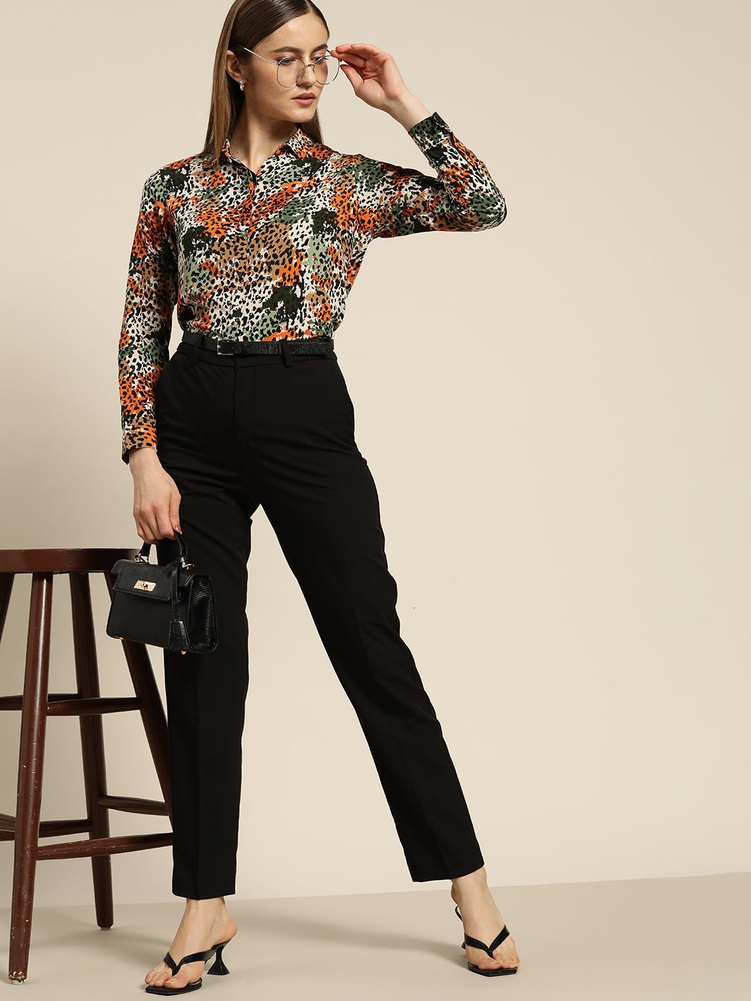 Women Mustard & Green Printed Viscose Rayon Slim Fit Formal Shirt - #folk republic#