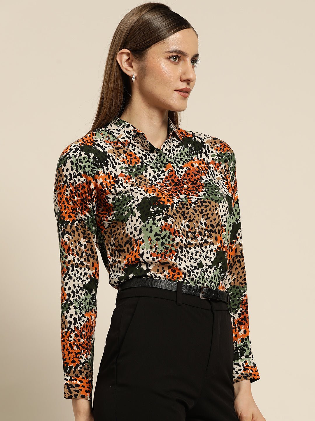 Women Mustard & Green Printed Viscose Rayon Slim Fit Formal Shirt - #folk republic#