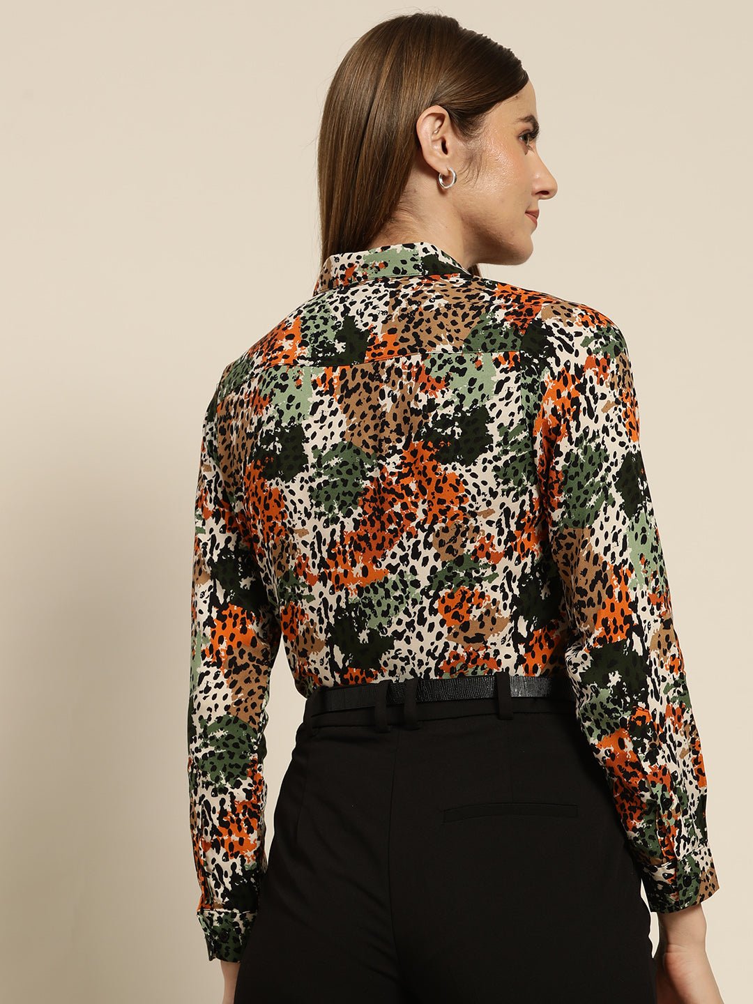 Women Mustard & Green Printed Viscose Rayon Slim Fit Formal Shirt - #folk republic#