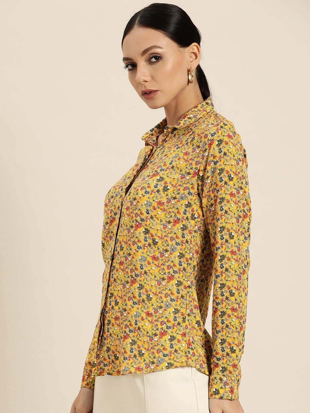 Women Mustard Prints Viscose Rayon Slim Fit Formal Shirt - #folk republic#