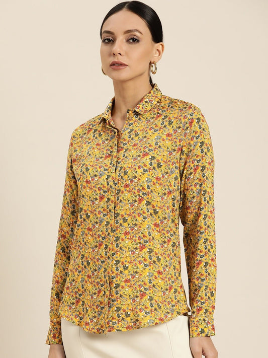 Women Mustard Prints Viscose Rayon Slim Fit Formal Shirt - #folk republic#
