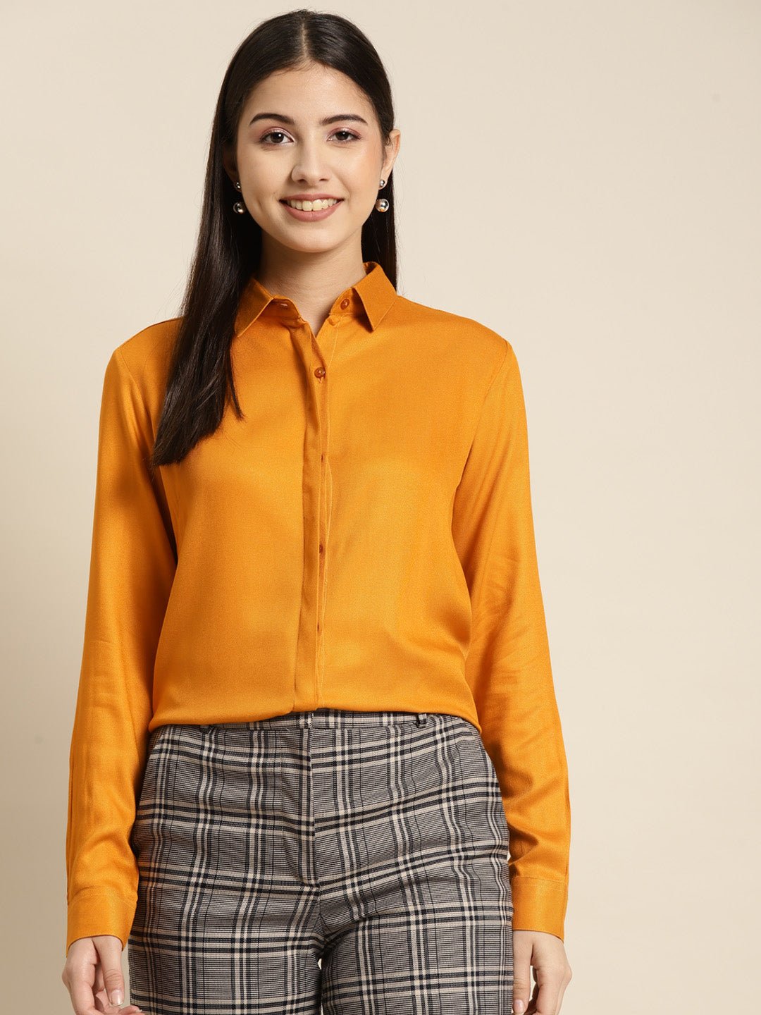 Women Mustard Solid Viscose Rayon Regular Fit Formal Shirt - #folk republic#