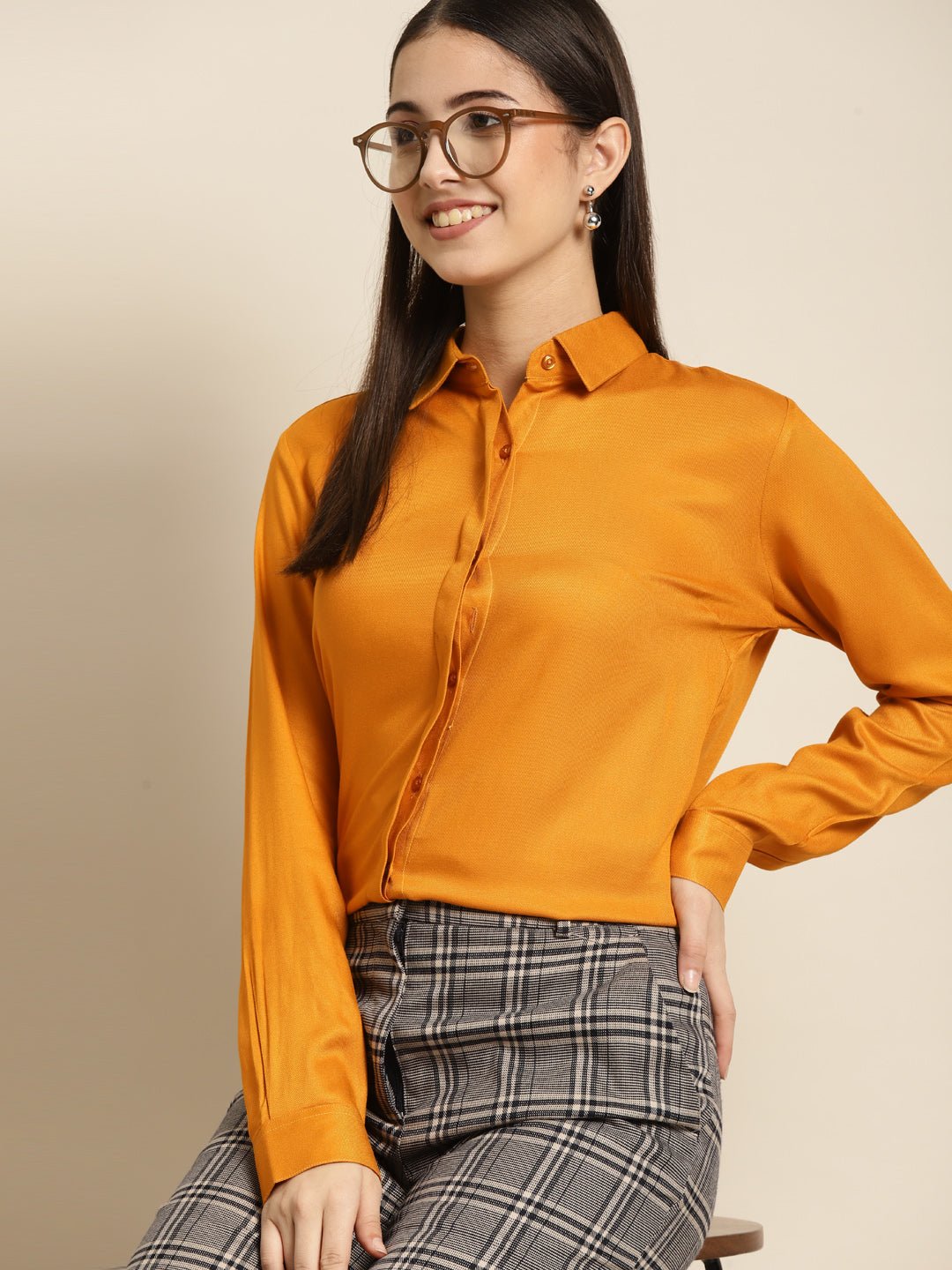 Women Mustard Solid Viscose Rayon Regular Fit Formal Shirt - #folk republic#