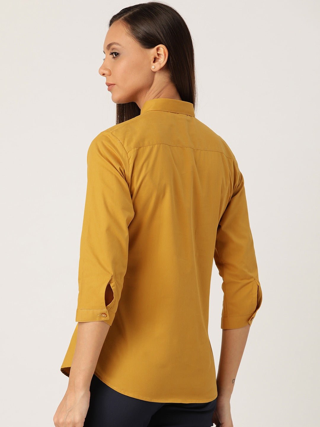 Women Mustard Solids Pure Cotton Slim Fit Formal Shirt - #folk republic#
