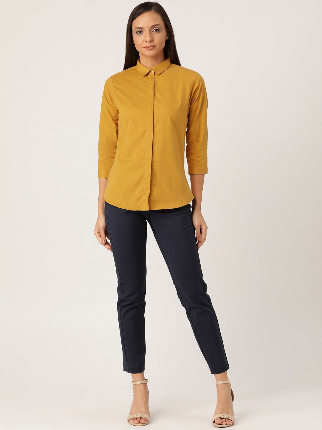 Women Mustard Solids Pure Cotton Slim Fit Formal Shirt - #folk republic#