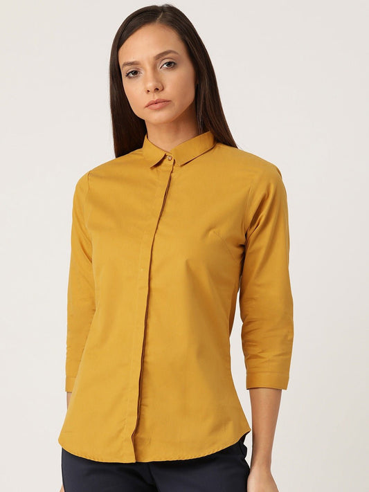 Women Mustard Solids Pure Cotton Slim Fit Formal Shirt - #folk republic#