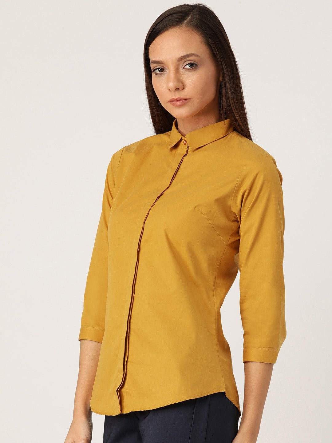 Women Mustard Solids Pure Cotton Slim Fit Formal Shirt - #folk republic#