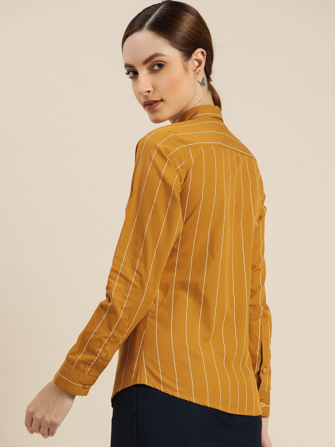 Women Mustard Striped Pure Cotton Slim Fit Formal Shirt - #folk republic#