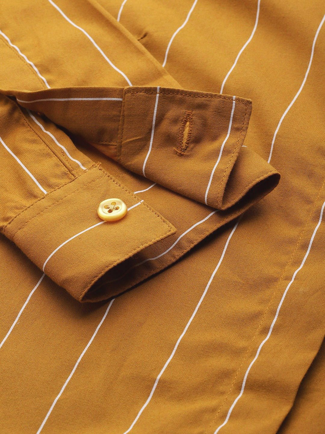 Women Mustard Striped Pure Cotton Slim Fit Formal Shirt - #folk republic#