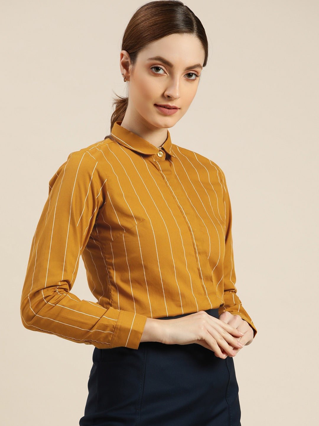 Women Mustard Striped Pure Cotton Slim Fit Formal Shirt - #folk republic#