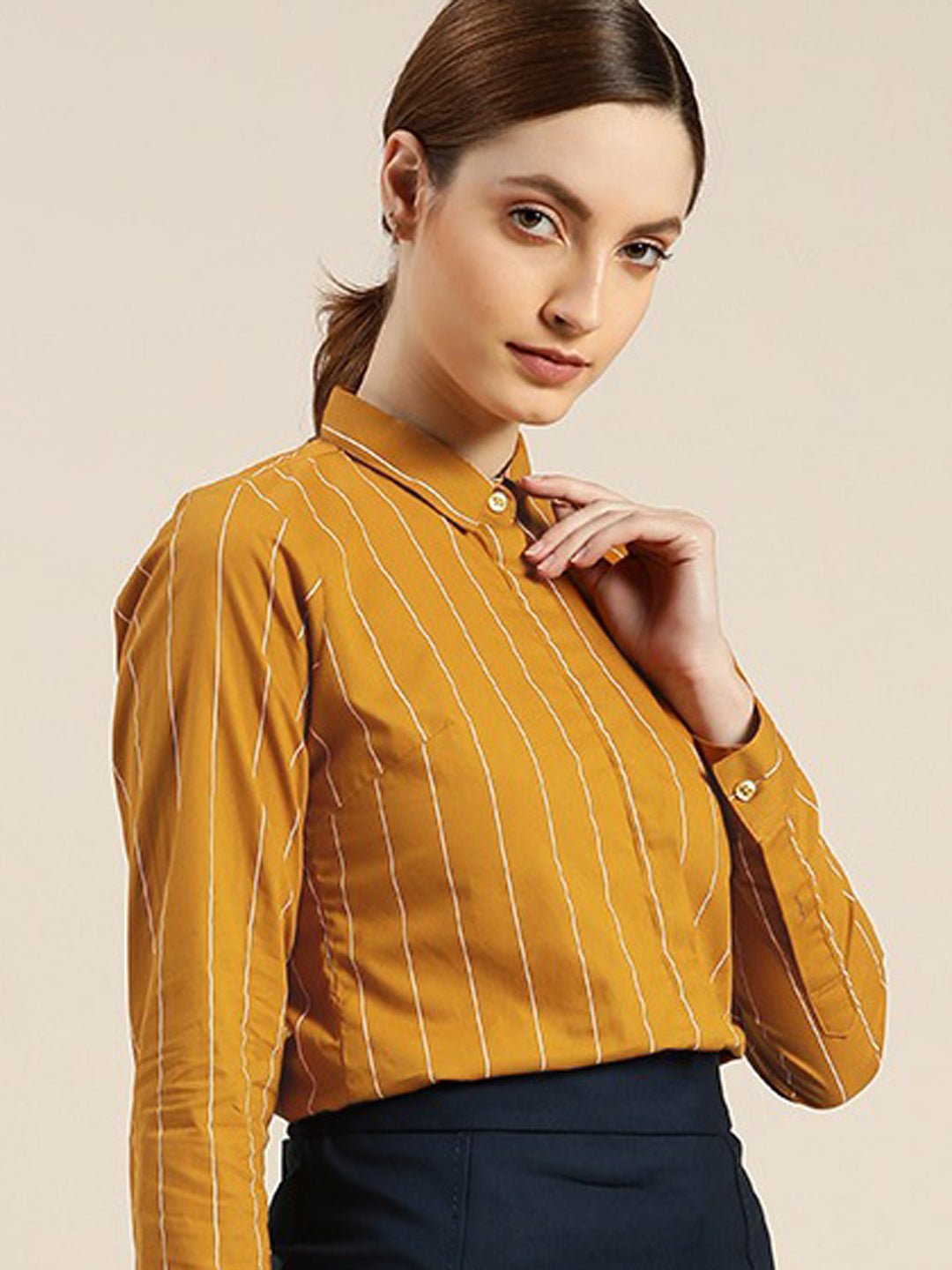 Women Mustard Striped Pure Cotton Slim Fit Formal Shirt - #folk republic#