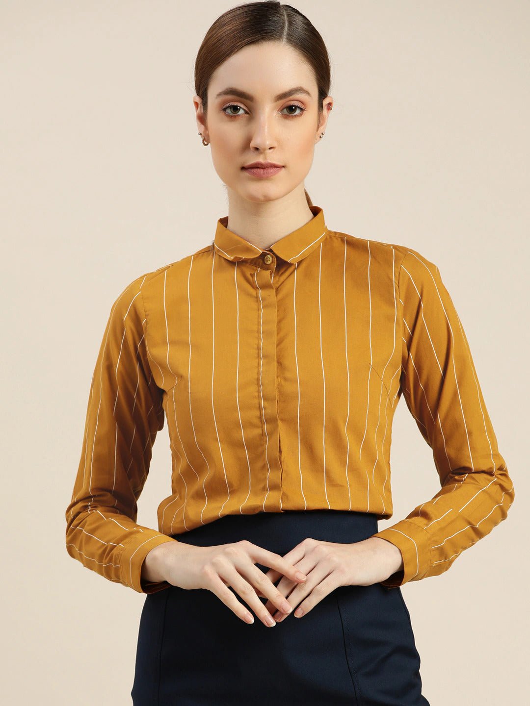 Women Mustard Striped Pure Cotton Slim Fit Formal Shirt - #folk republic#