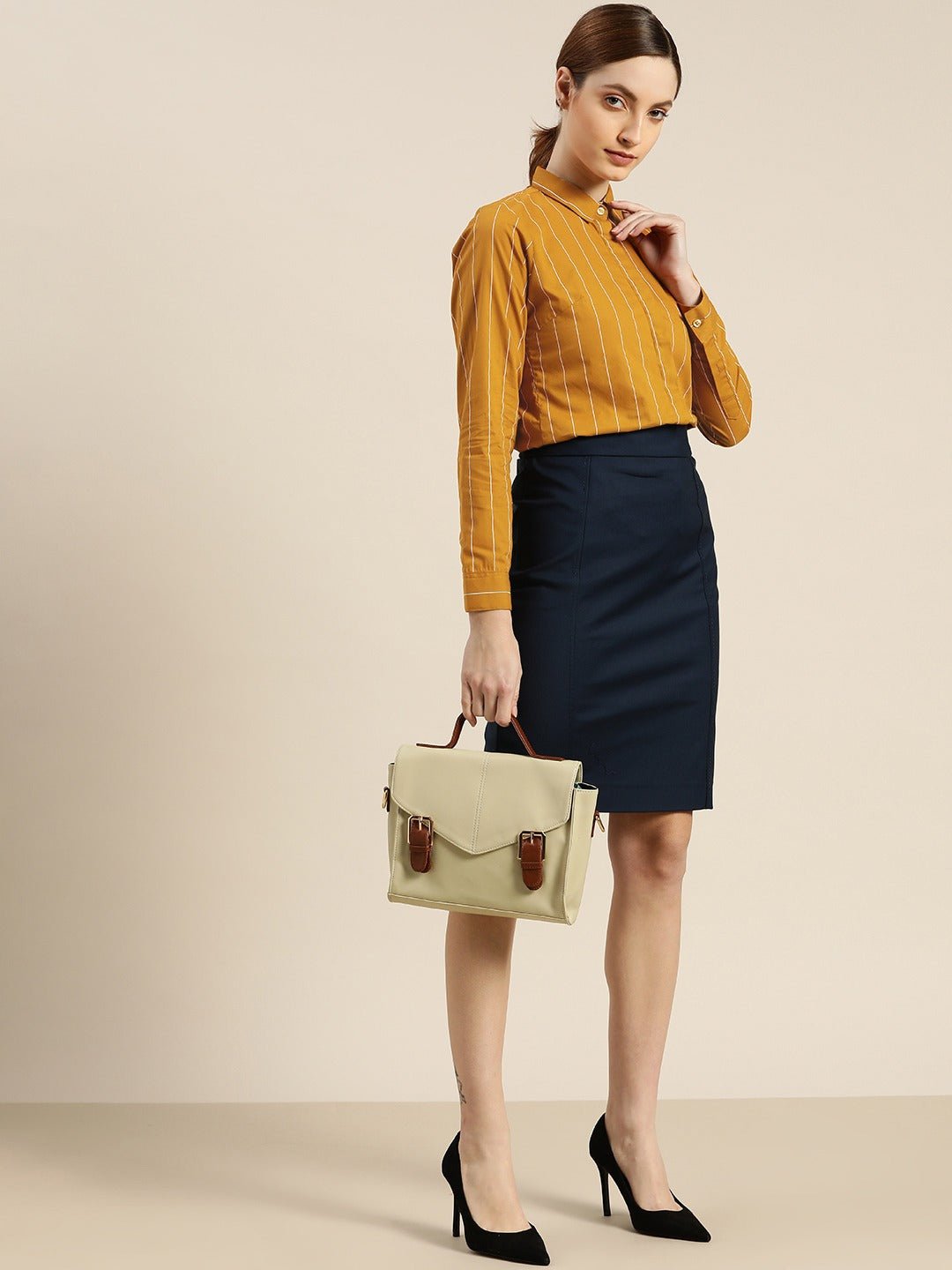 Women Mustard Striped Pure Cotton Slim Fit Formal Shirt - #folk republic#