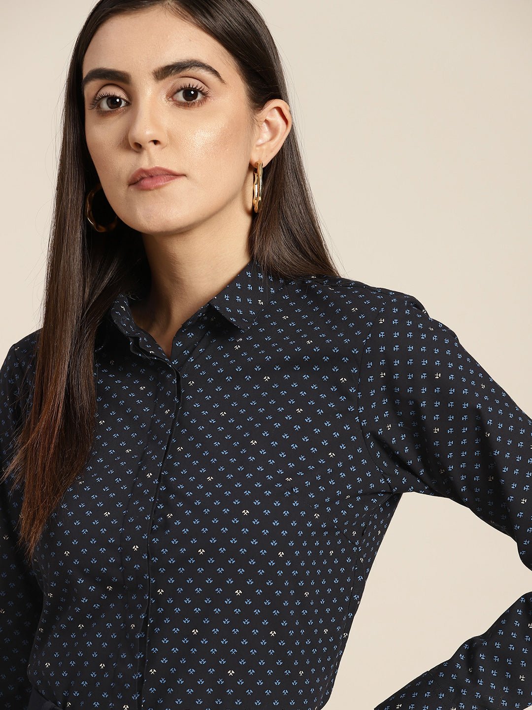 Women Navy & Blue Prints Pure Cotton Slim Fit Formal Shirt - #folk republic#