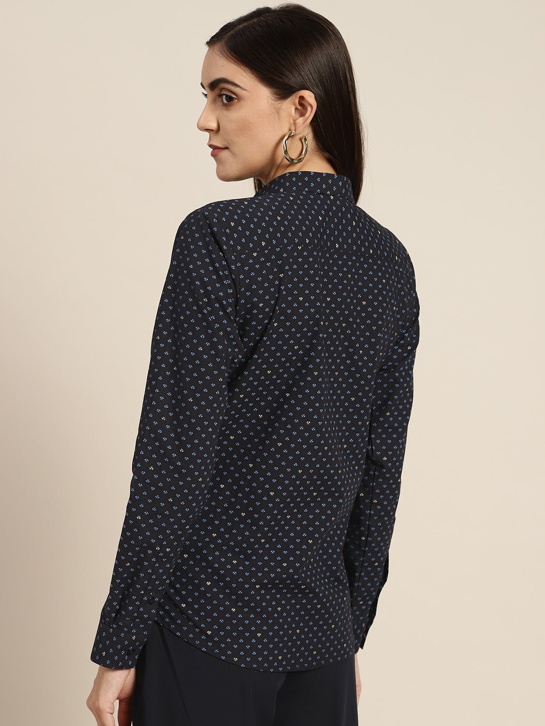 Women Navy & Blue Prints Pure Cotton Slim Fit Formal Shirt - #folk republic#