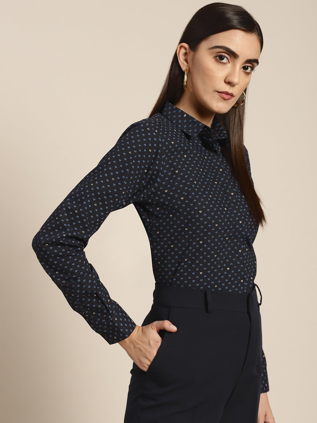 Women Navy & Blue Prints Pure Cotton Slim Fit Formal Shirt - #folk republic#