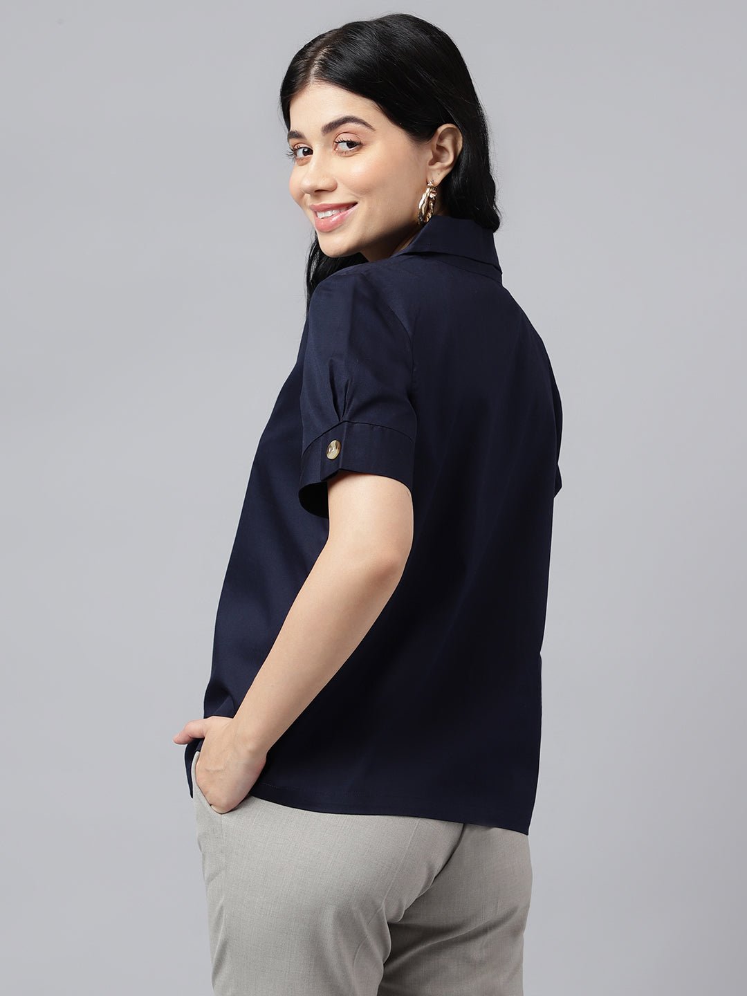 Women Navy Blue Solid Pure Cotton Lapel Collar Regular Fit Formal Shirt - #folk republic#