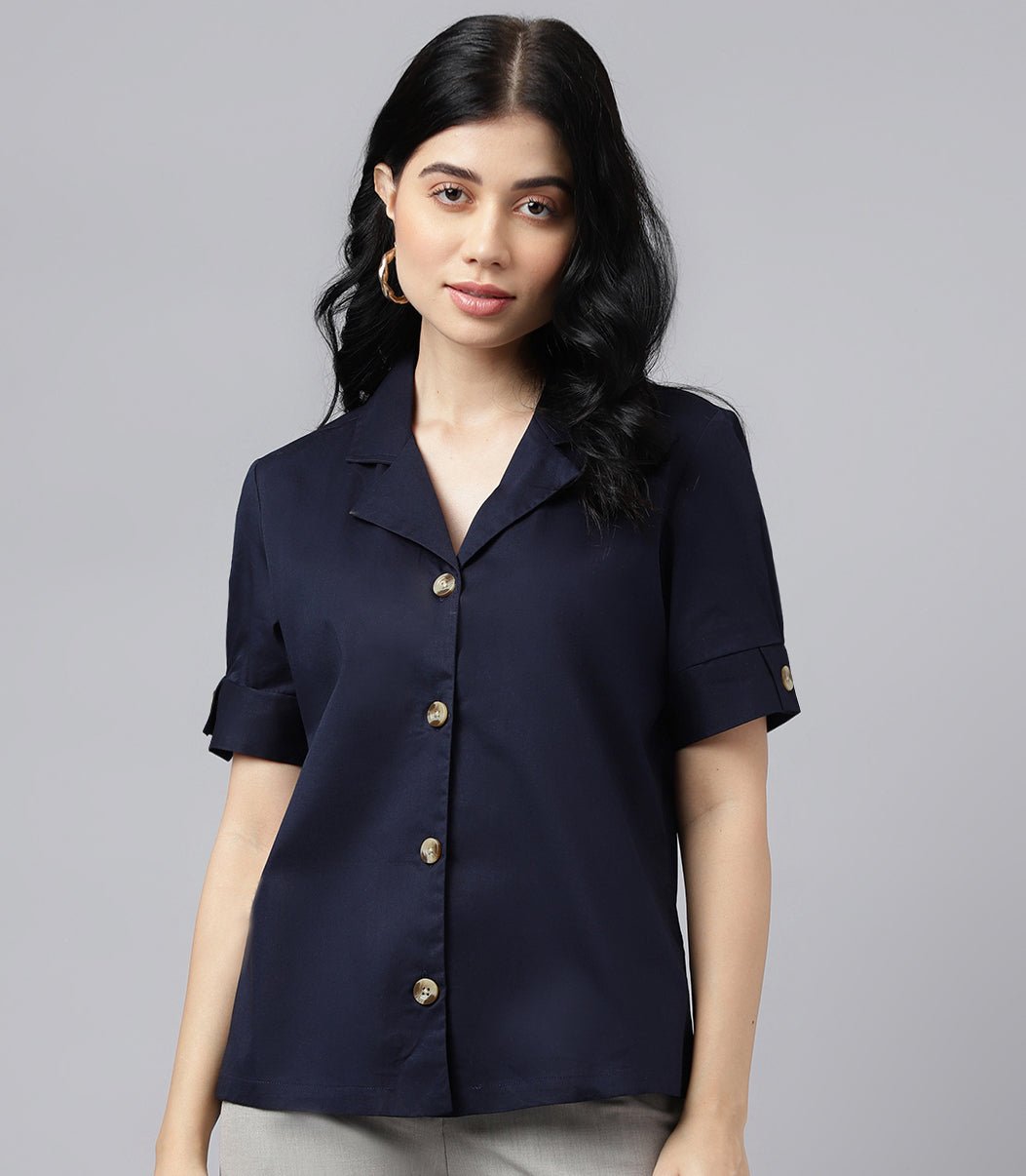 Women Navy Blue Solid Pure Cotton Lapel Collar Regular Fit Formal Shirt - #folk republic#