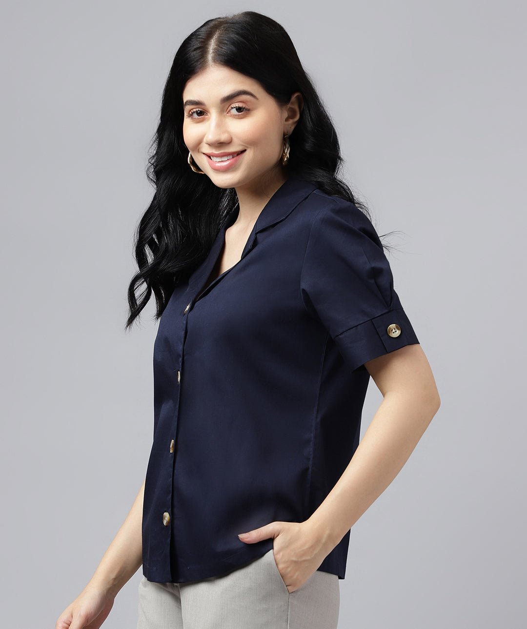 Women Navy Blue Solid Pure Cotton Lapel Collar Regular Fit Formal Shirt - #folk republic#